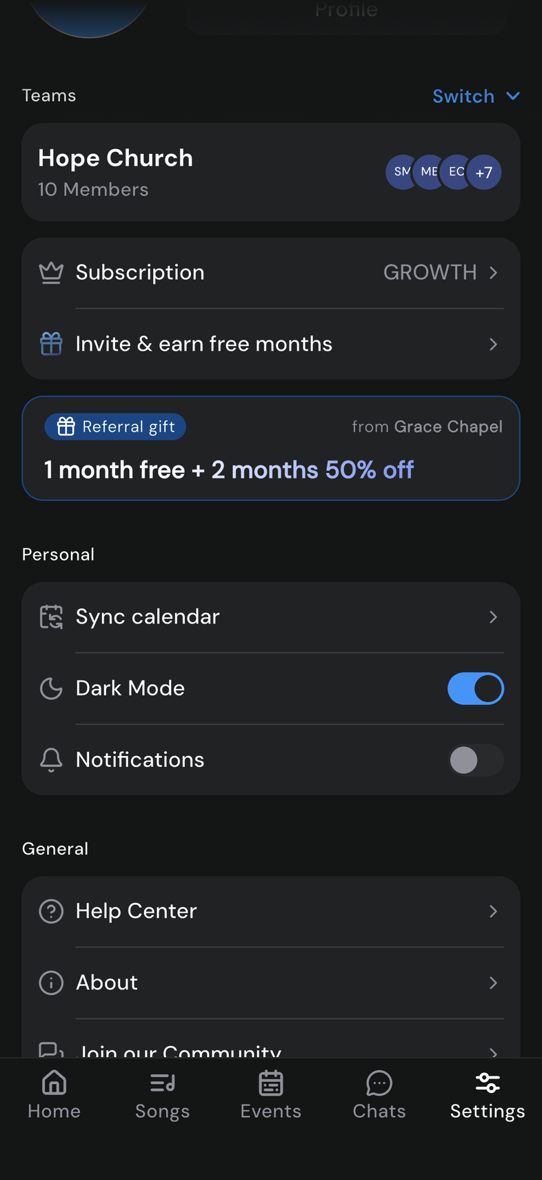 Settings screen, Personal card with the Dark Mode switch turned on, dark theme