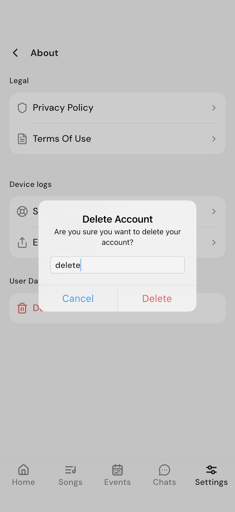 Delete Account confirmation with delete typed in the box to confirm