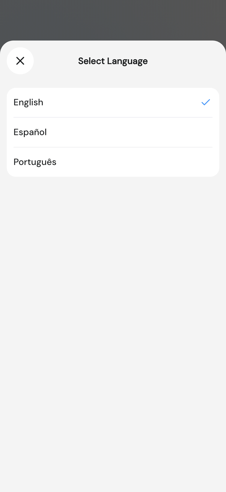 Select Language sheet with the three languages and the current one ticked