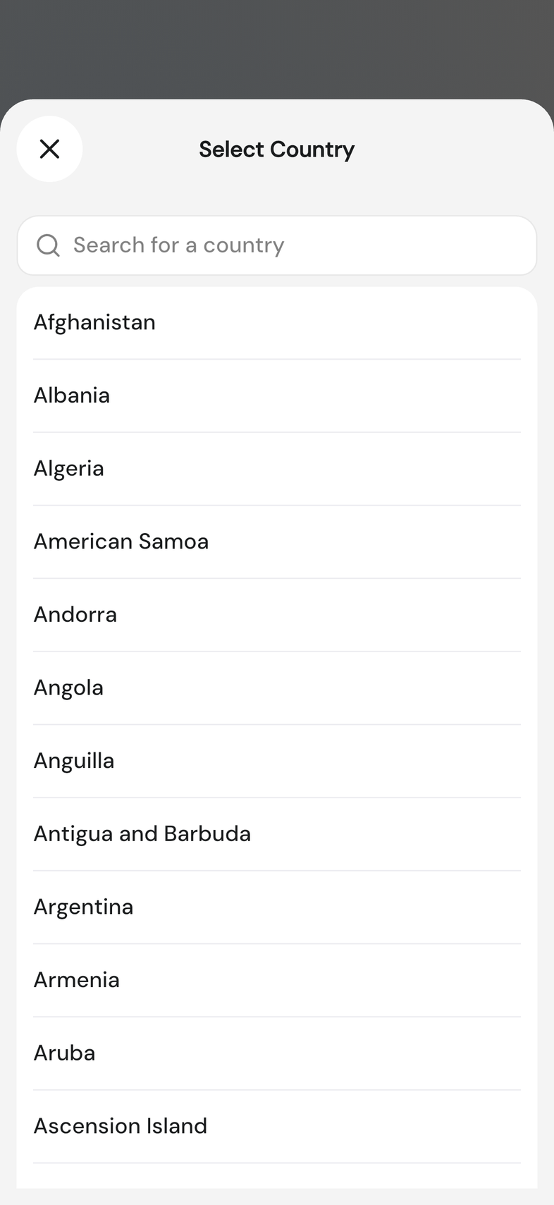 Select Country sheet with the search box at the top and a country highlighted