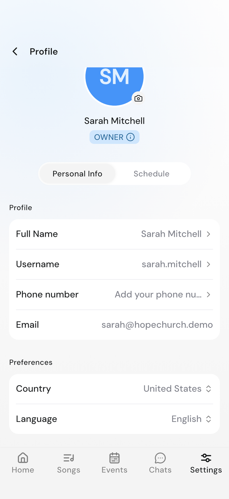 Preferences screen with the Country row showing the selected country