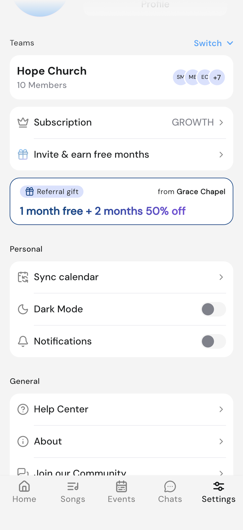 Settings screen on mobile, Personal card with the Notifications switch off