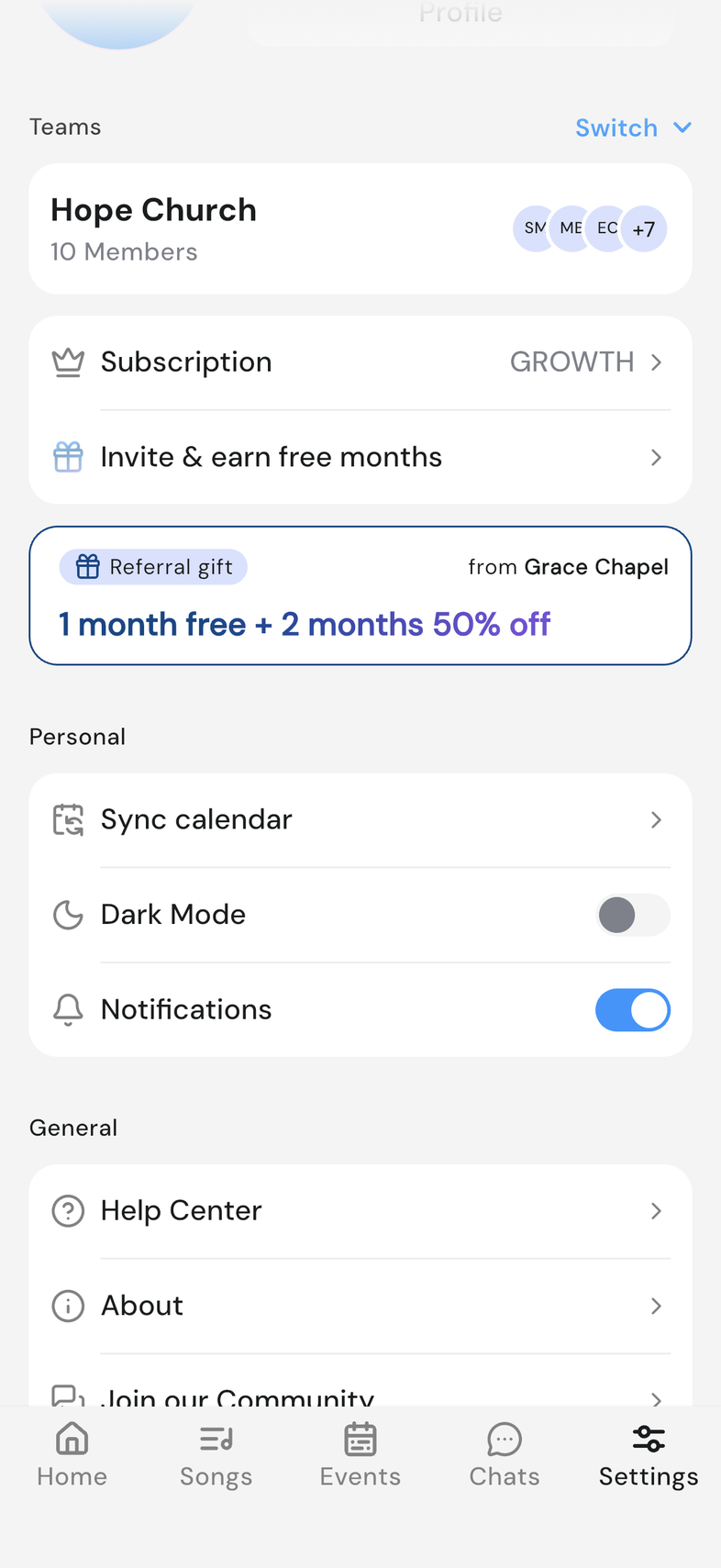 Settings screen on mobile, Personal card with the Notifications switch on