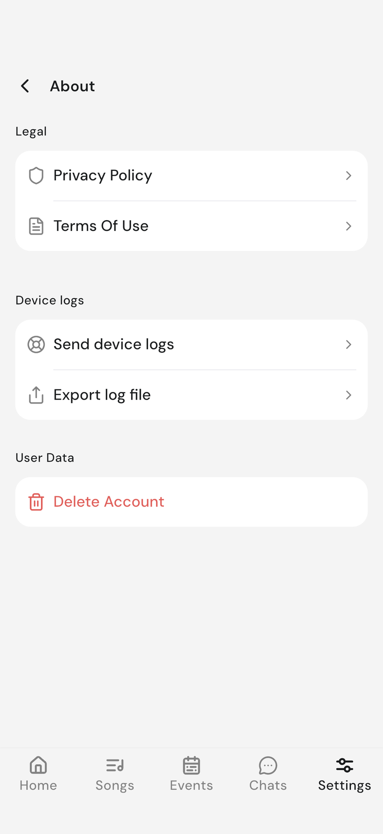About screen with the Legal card showing Privacy Policy and Terms Of Use