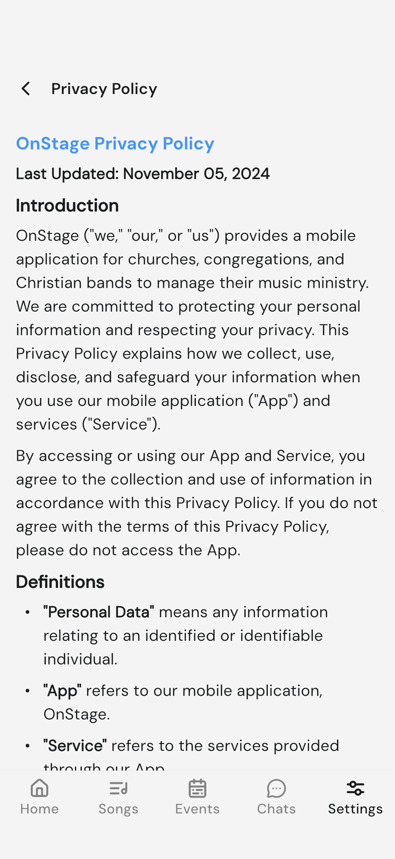 Privacy Policy screen open with the back arrow to About