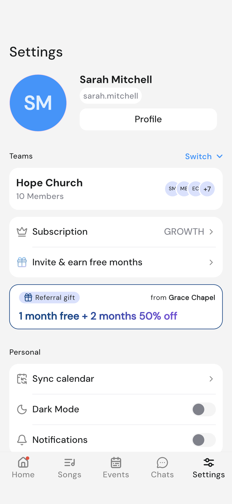 Settings on mobile, team card with the Subscription row showing the current plan