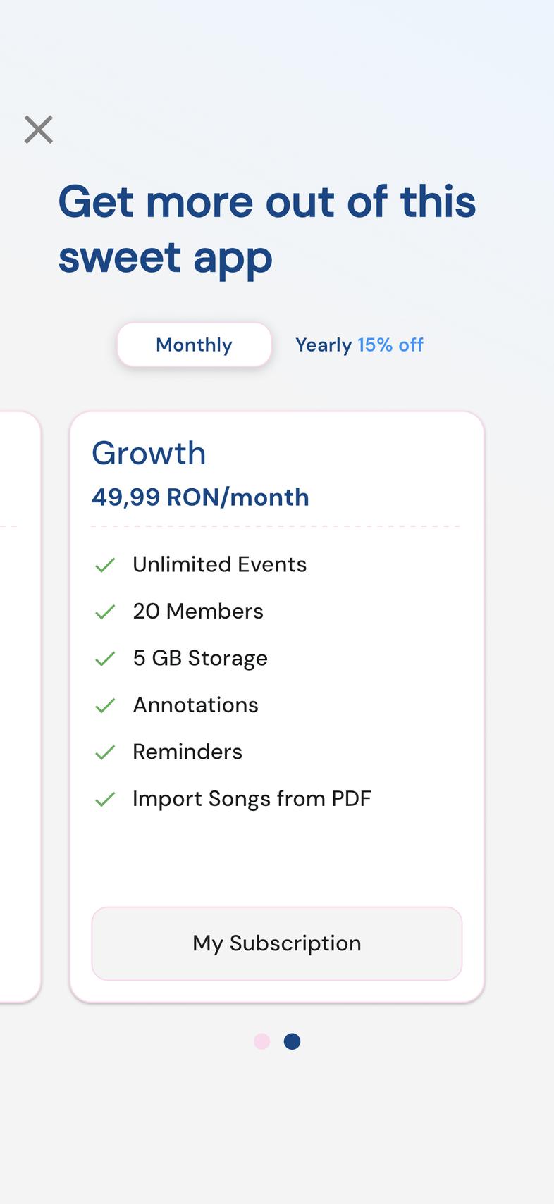 Plans screen on mobile, plan cards side by side with Up to 20 users visible