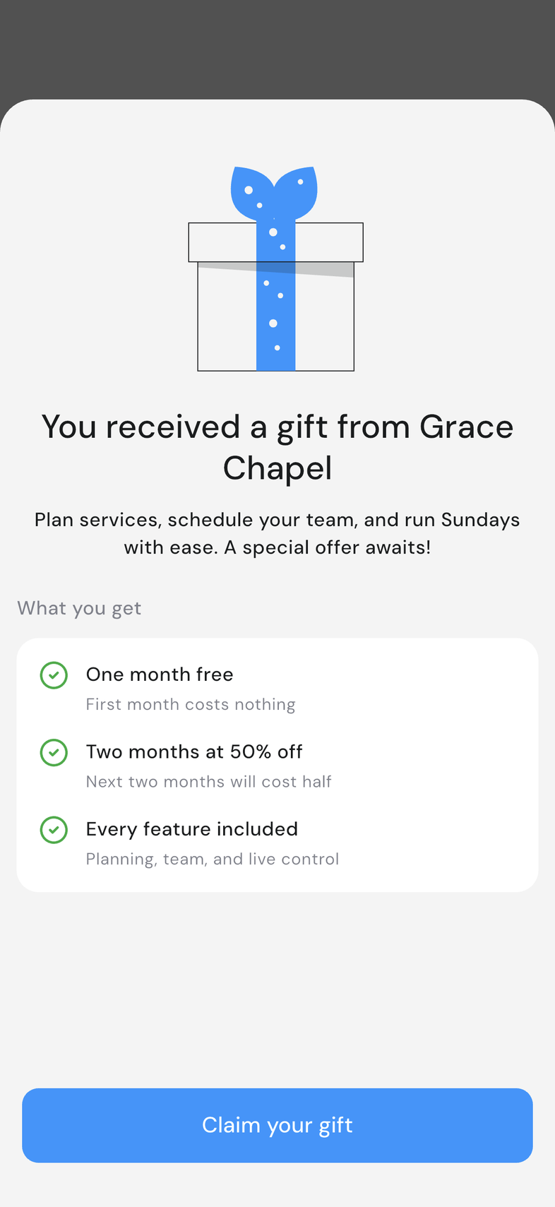 Gift modal showing What you get and the Claim your gift button