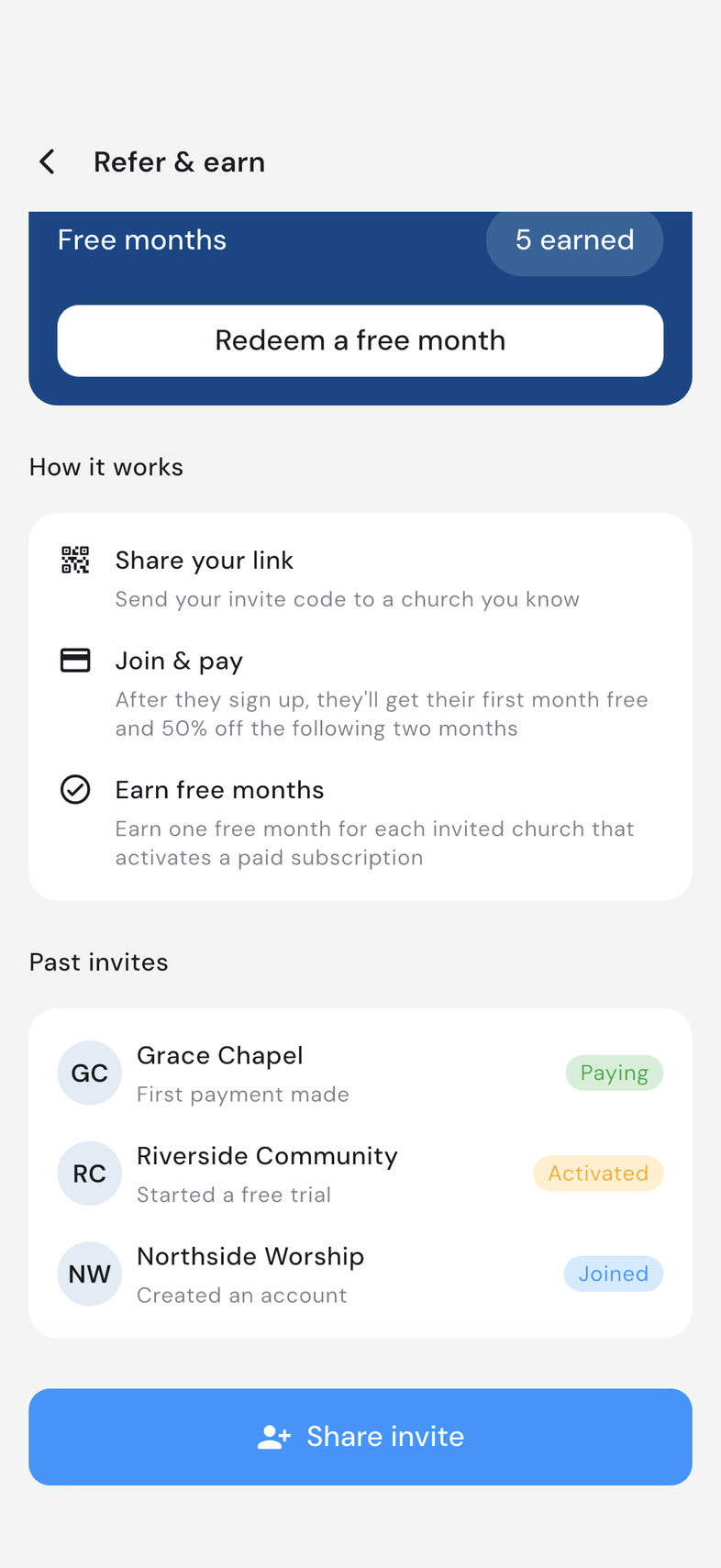 Refer and earn screen on mobile, Free months card above Past invites