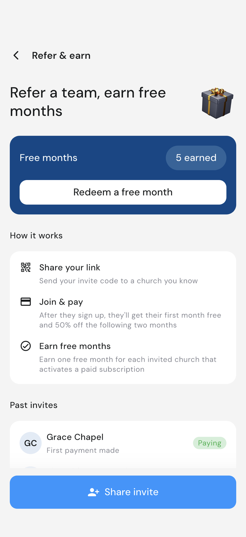 Refer and earn screen on mobile with the Share invite button at the bottom