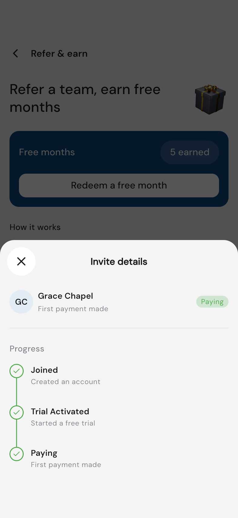 Invite details modal showing the Progress timeline