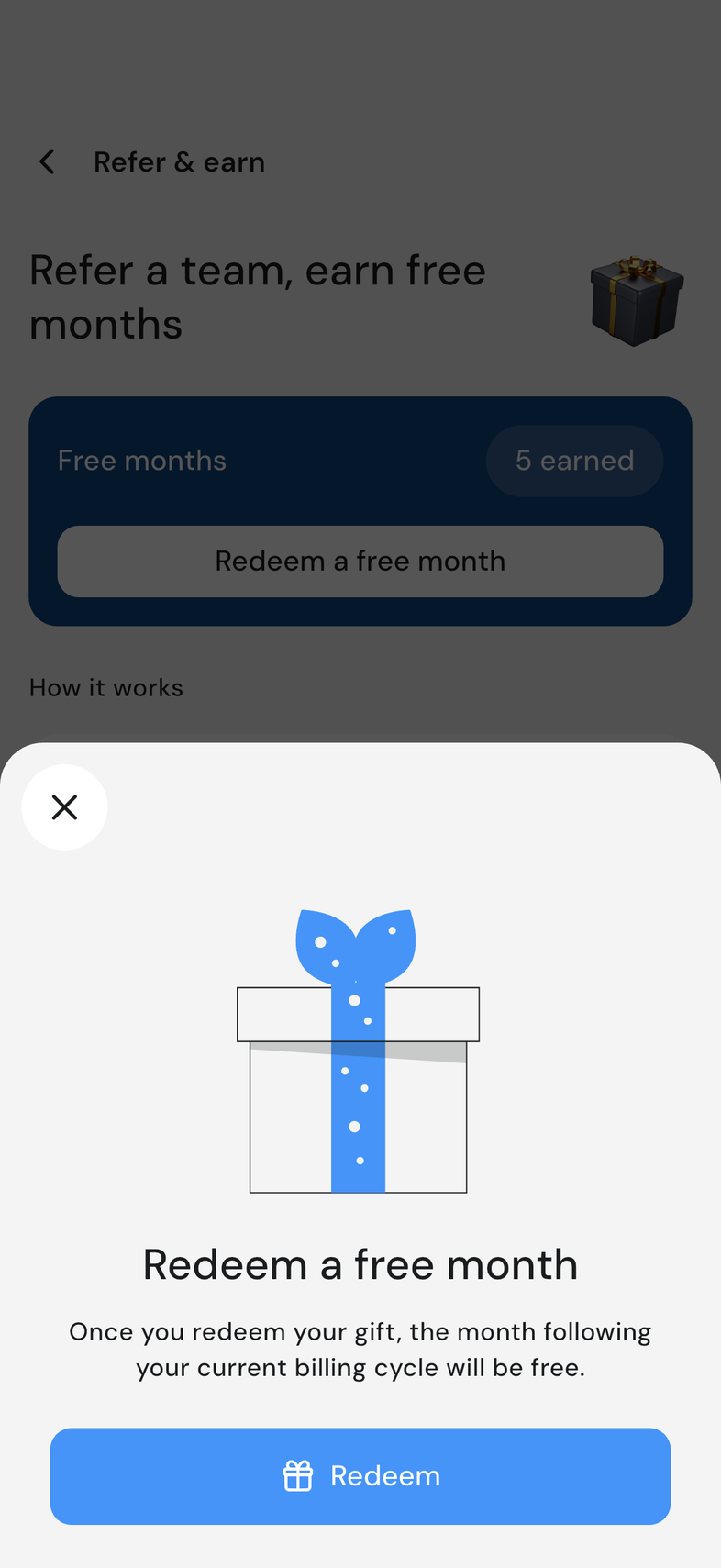 Redeem confirmation with the Redeem button