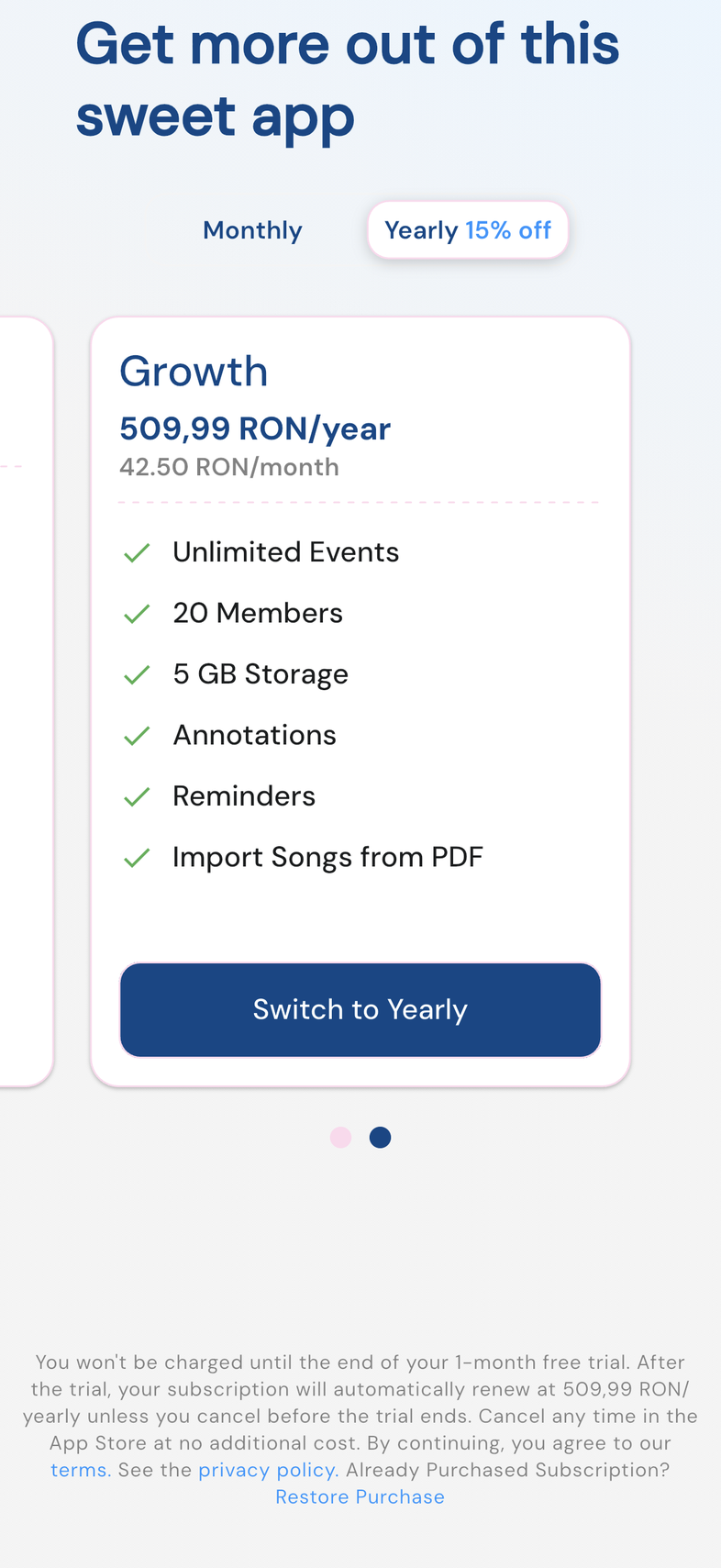 Plans screen footer on mobile with Already Purchased Subscription and the Restore Purchase link