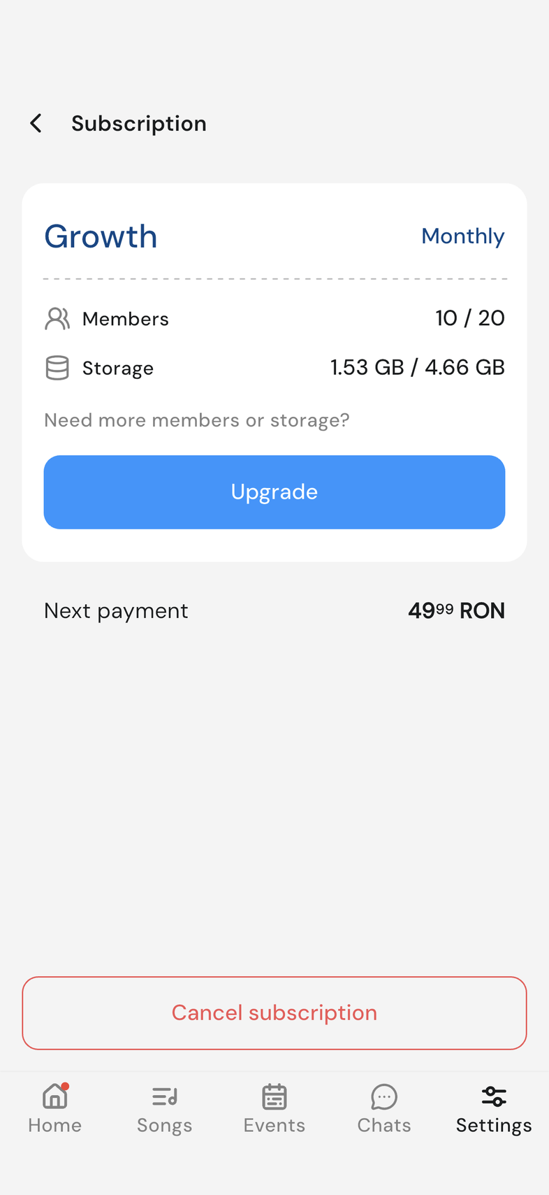Subscription screen on mobile, plan card with the Members and Storage rows