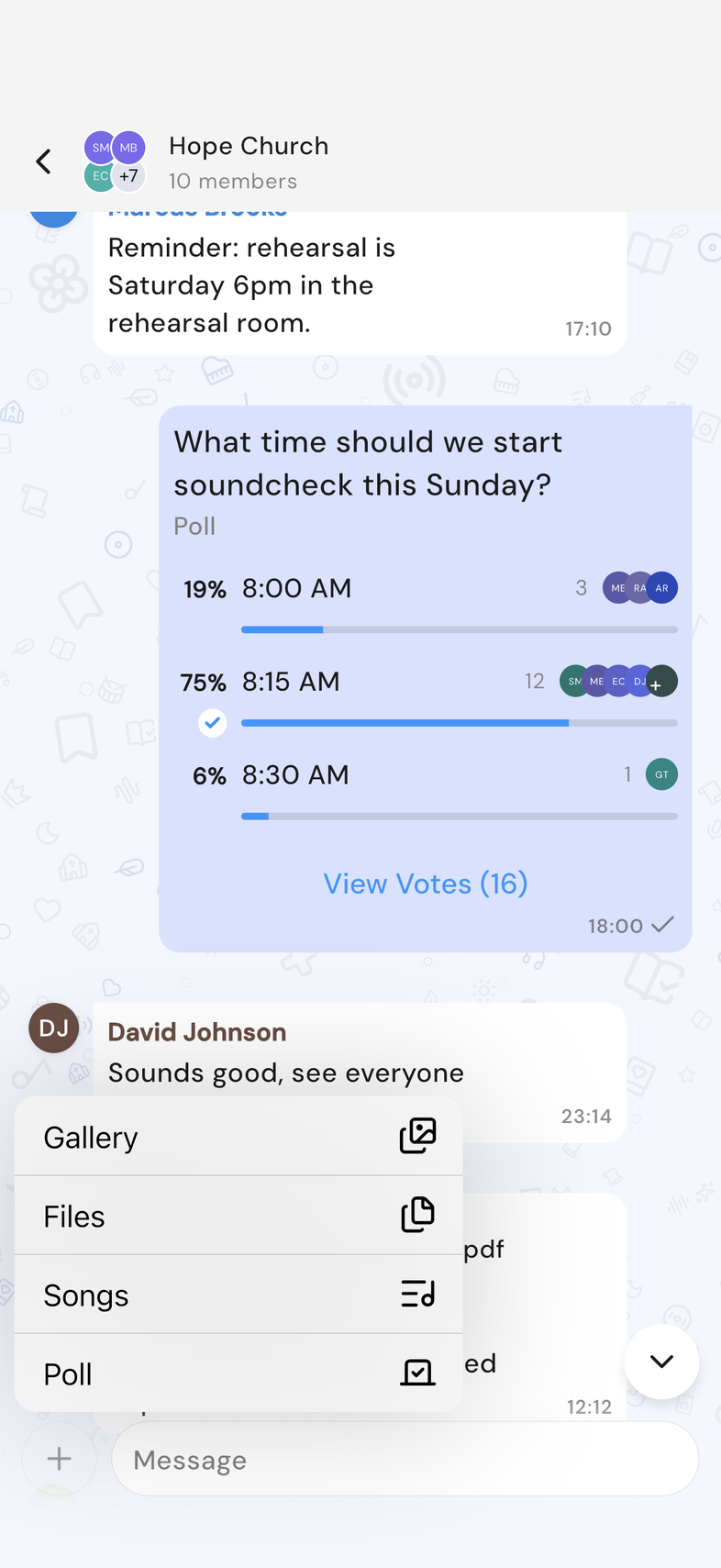 Chat composer with the + menu open showing Poll among the options