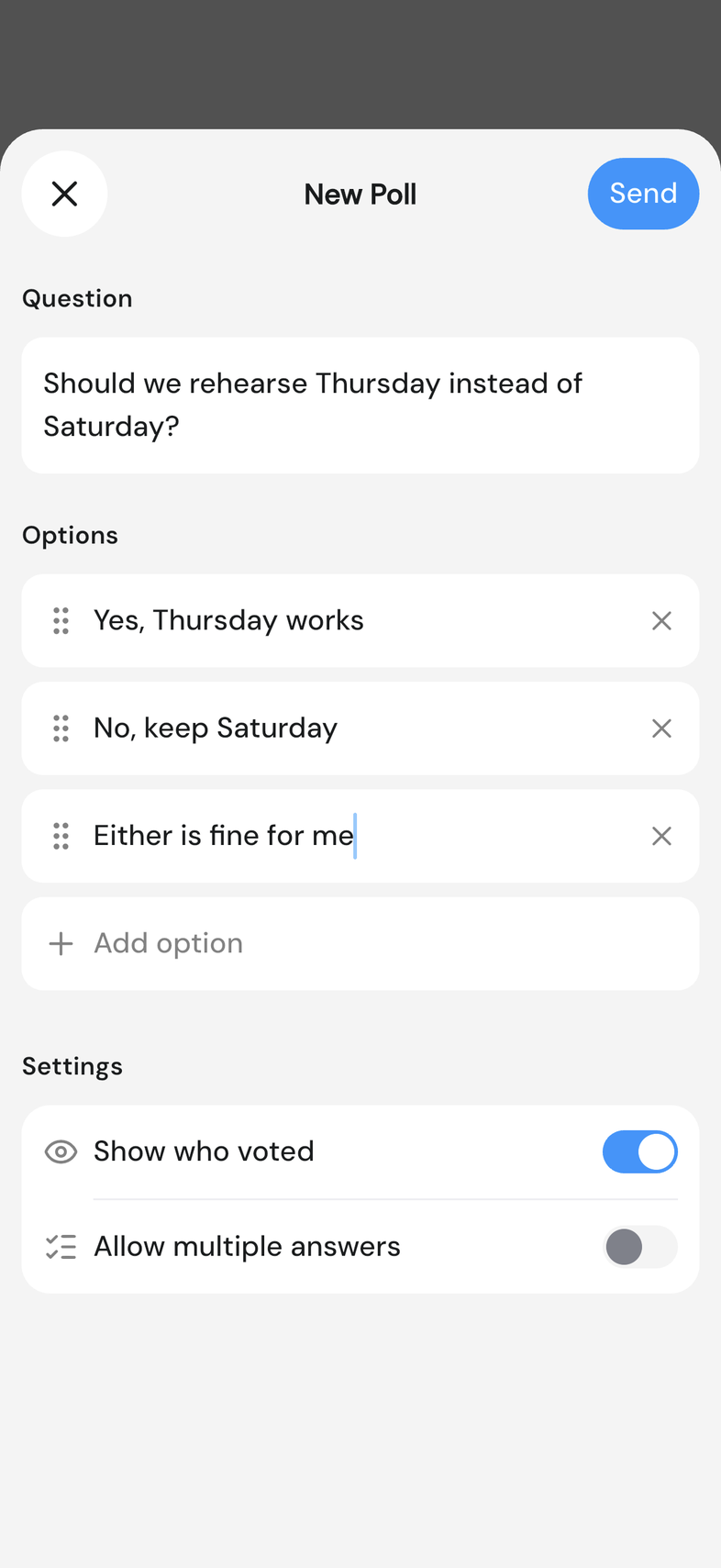 New Poll screen with a question, three options and the Settings toggles