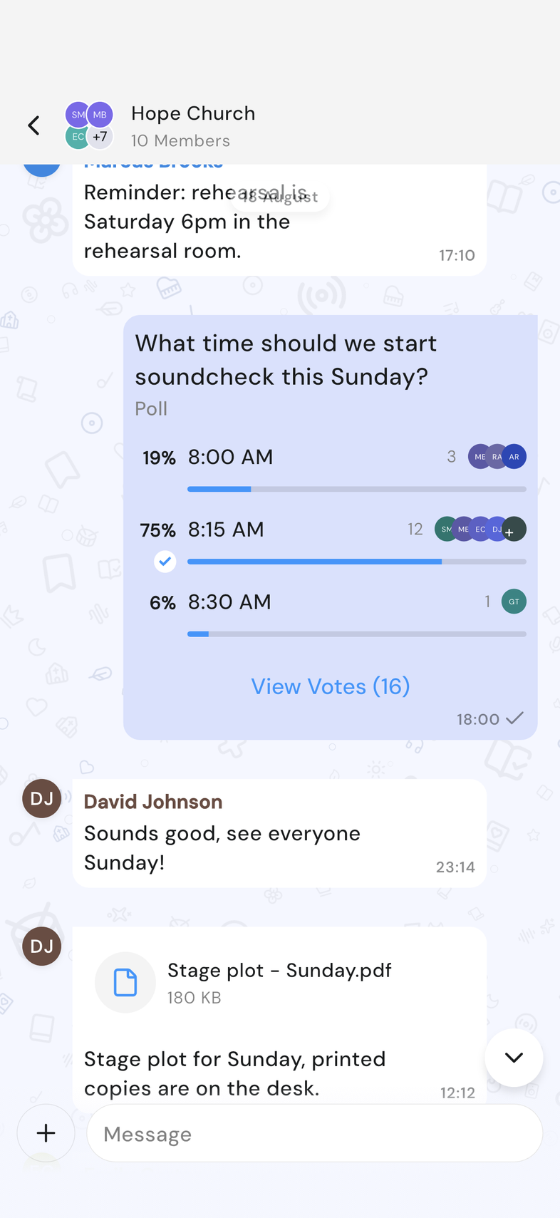 Poll in a chat on mobile with vote shares next to each option