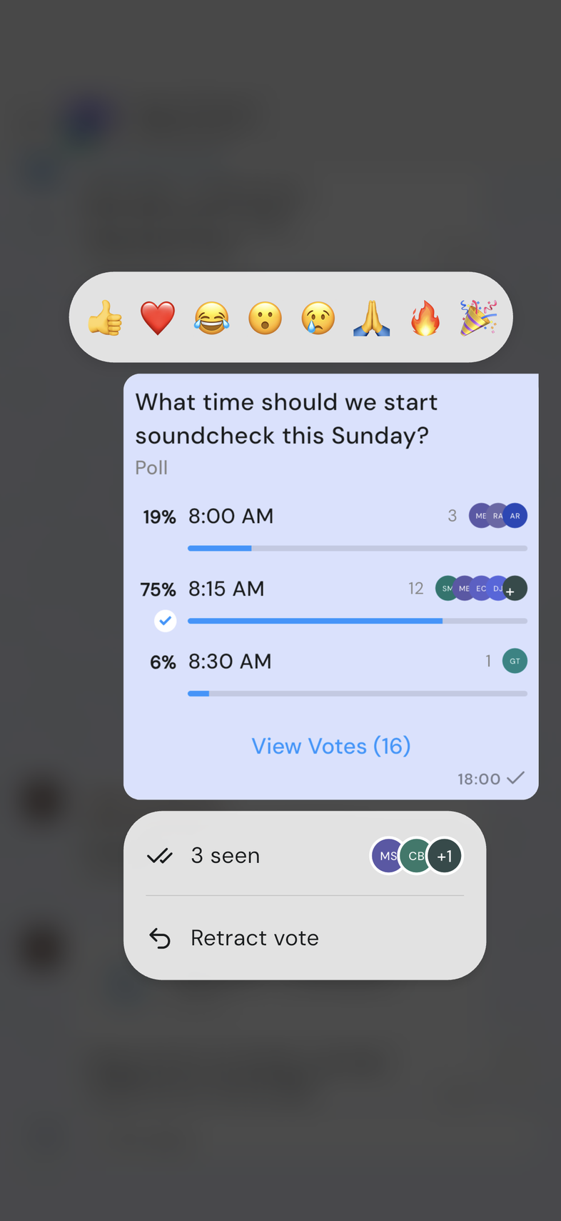 Poll long-pressed with Retract vote showing in the menu