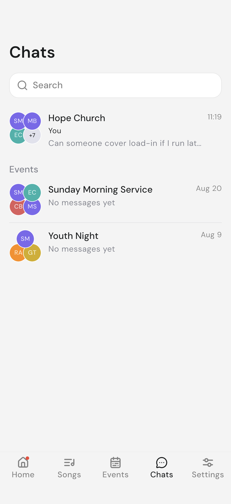 Chats tab on mobile, team chat at the top and the Events section below