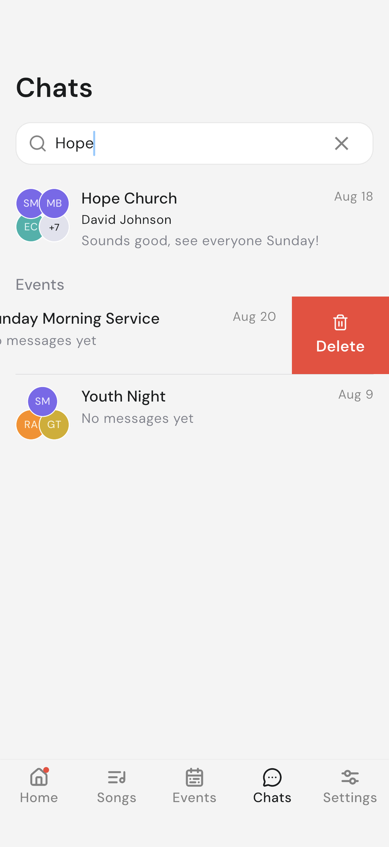 Search box on the Chats tab with a term typed and matching chats listed below