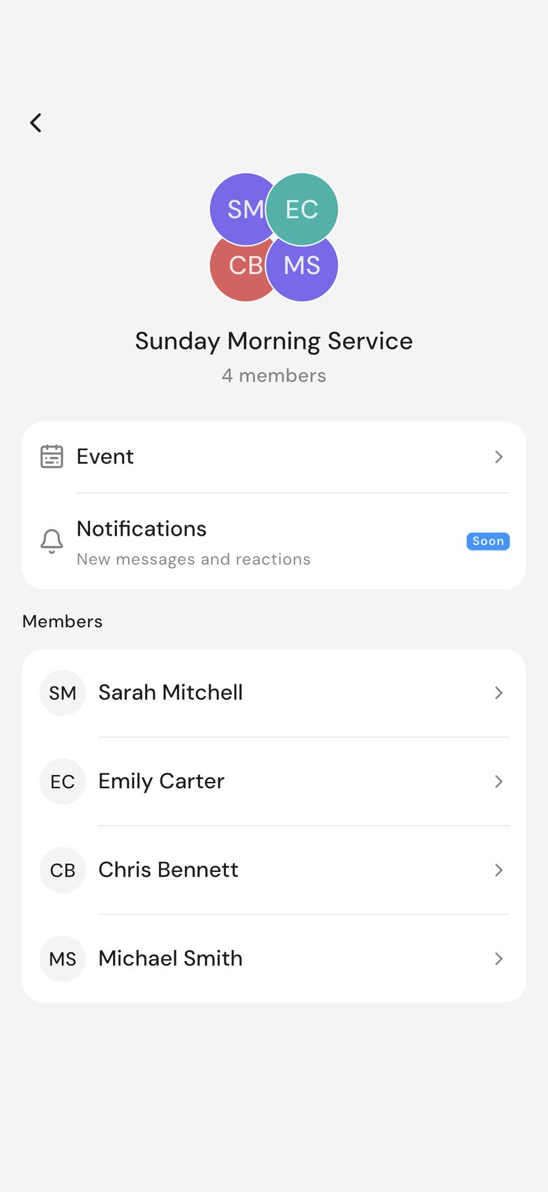 Chat details screen on mobile with the Event row and the Members list