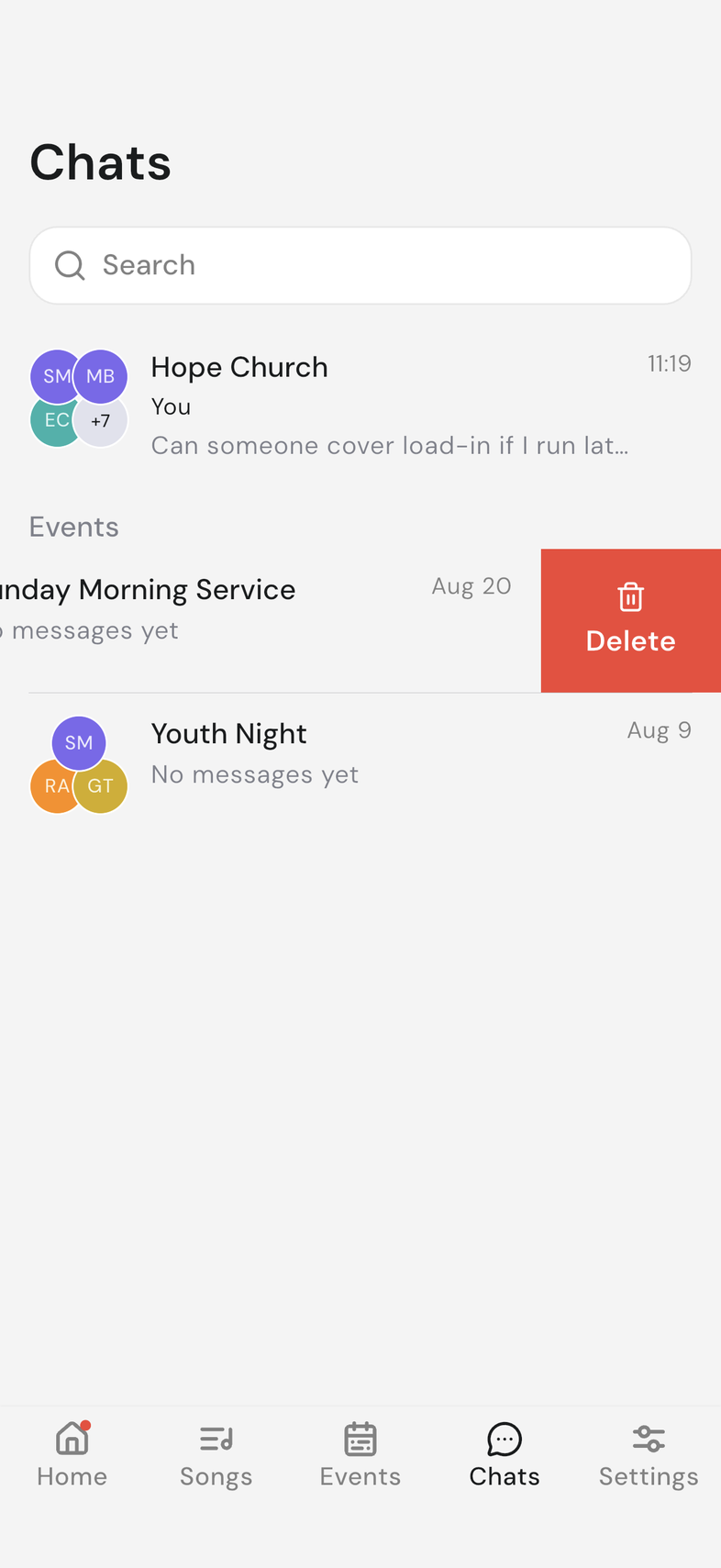 Chats list on mobile with an event chat swiped open and the red Delete action showing