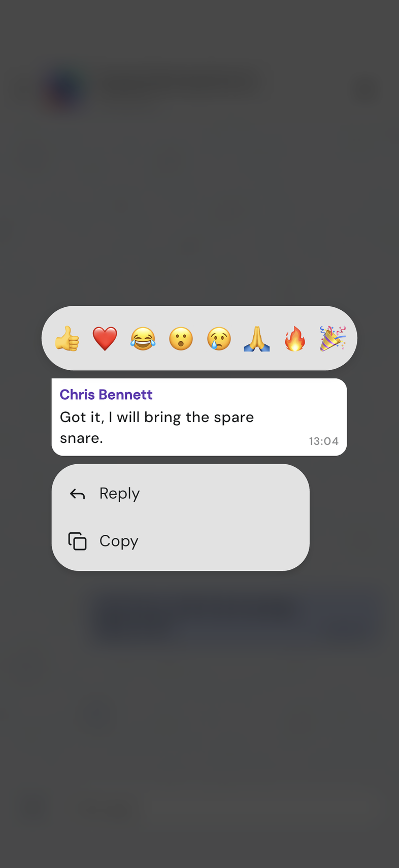 Message menu on mobile with Reply and Copy