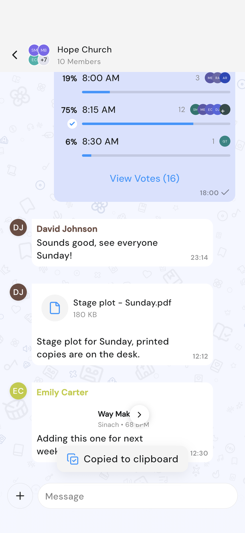 Copied to clipboard confirmation showing on mobile
