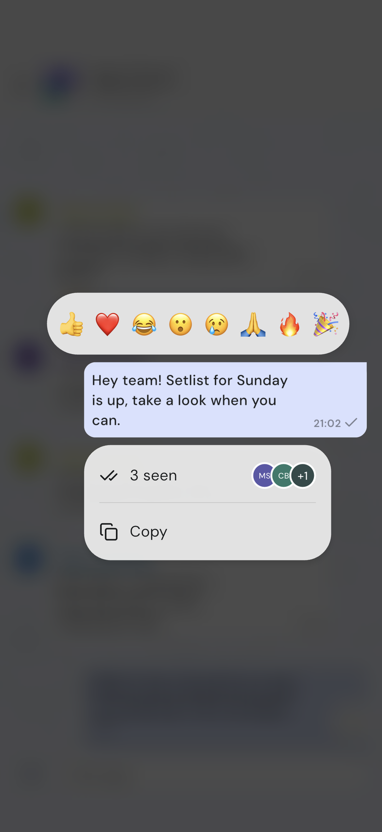Message long-pressed with the seen count row at the top of the menu