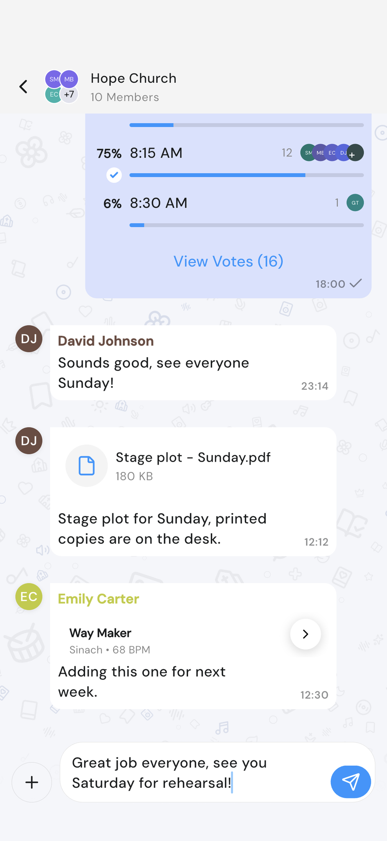Chat conversation on mobile with a message typed and the send button to the right