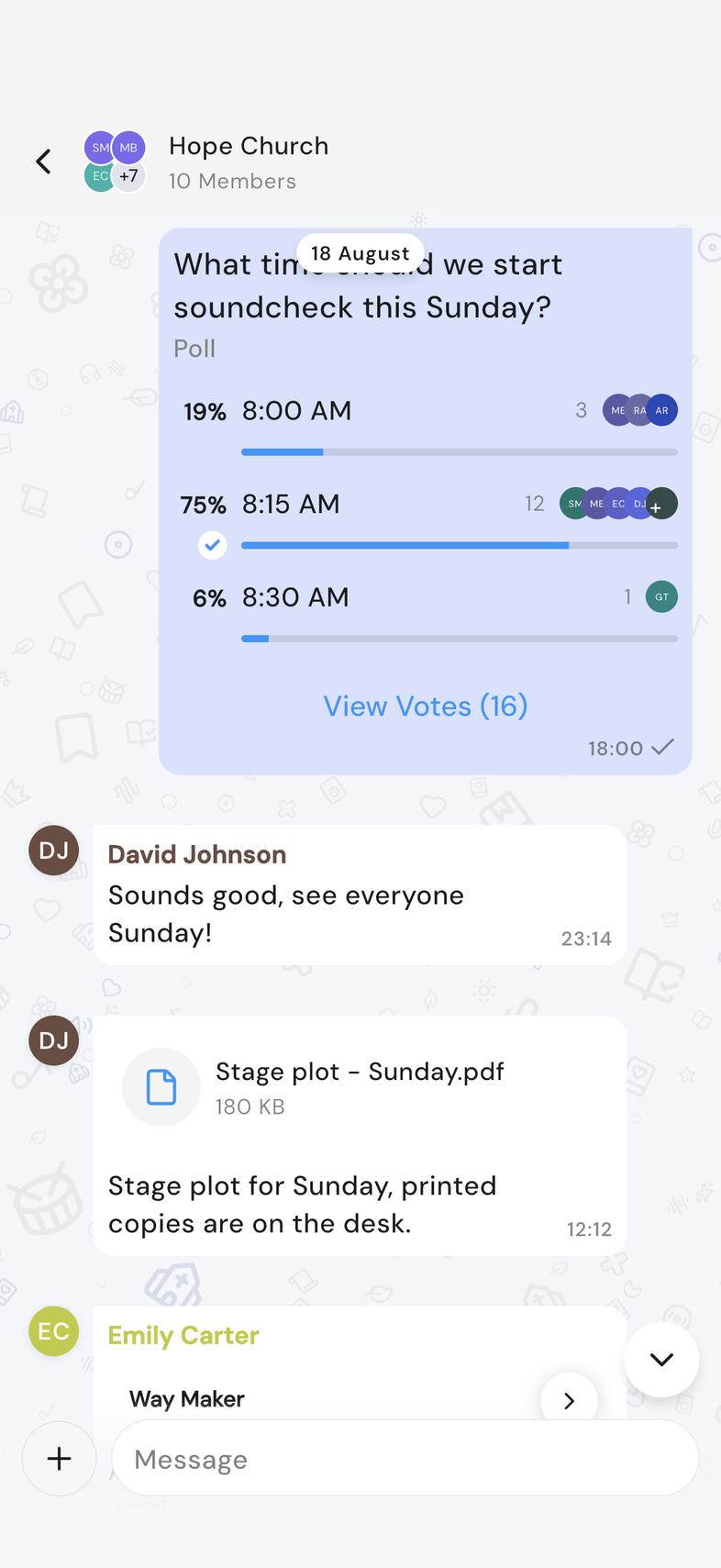 Song card in a chat conversation with the open arrow at the bottom right