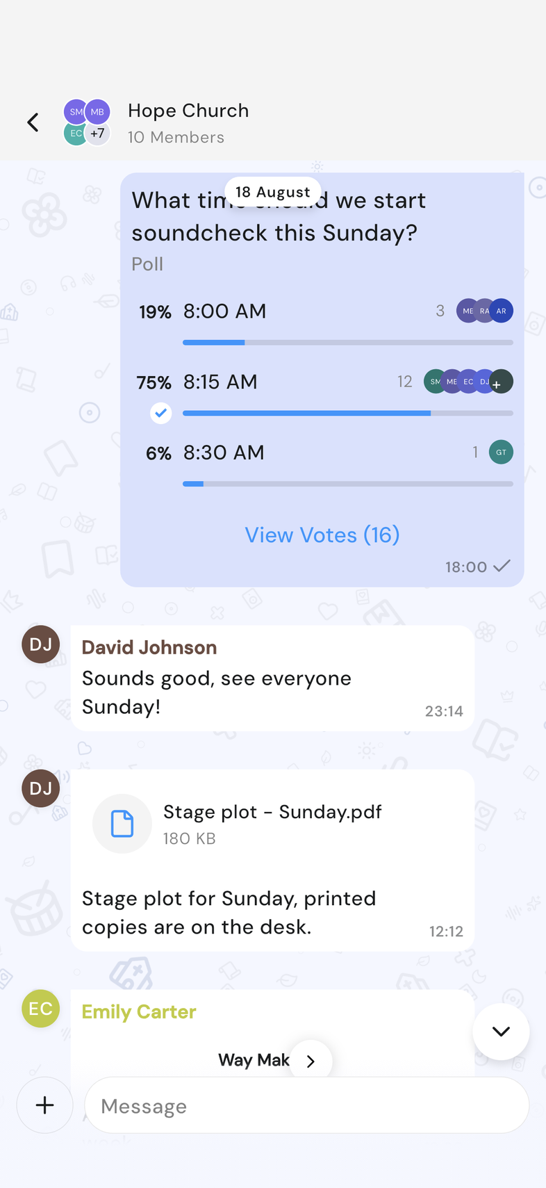 Song card in a chat conversation with the open arrow at the bottom right