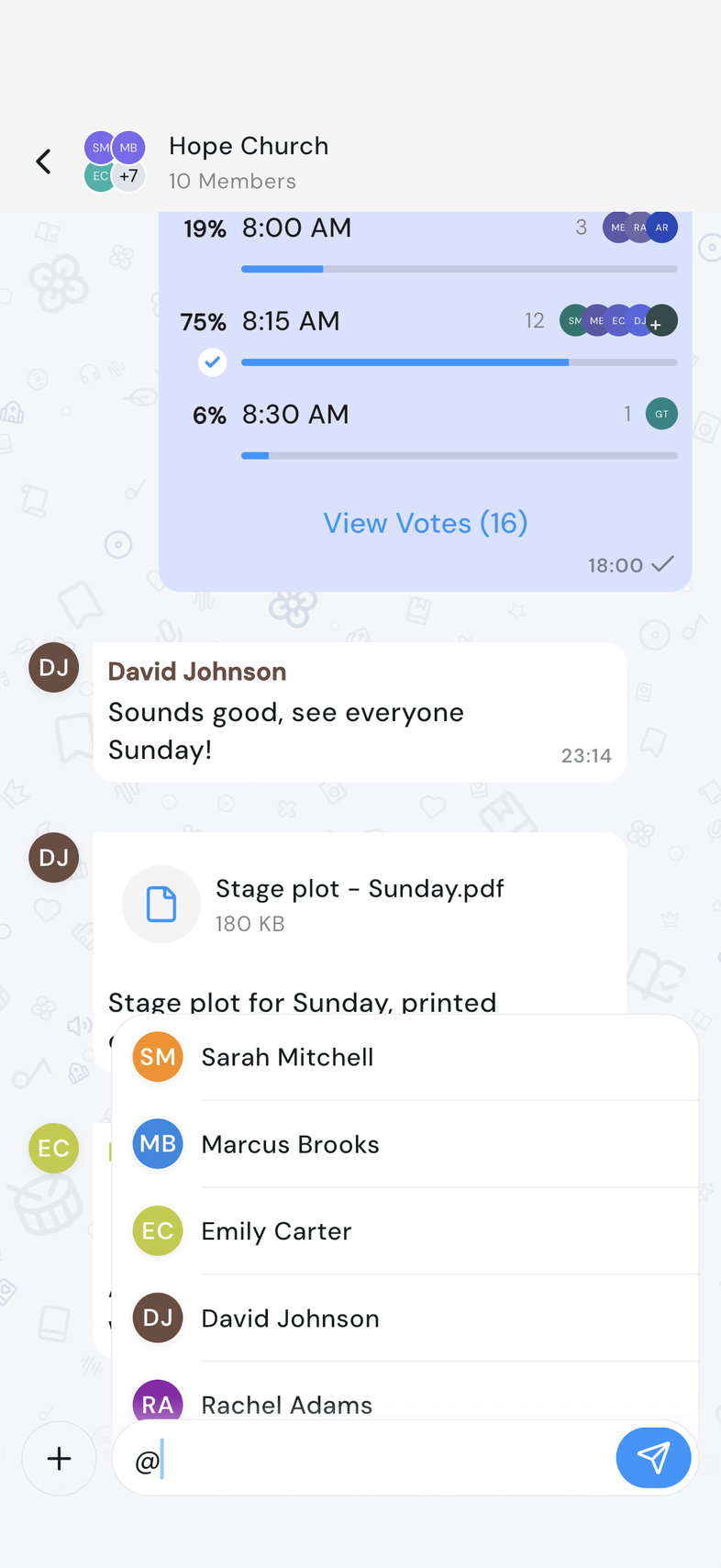 Chat composer on mobile with the @ picker open above the message box
