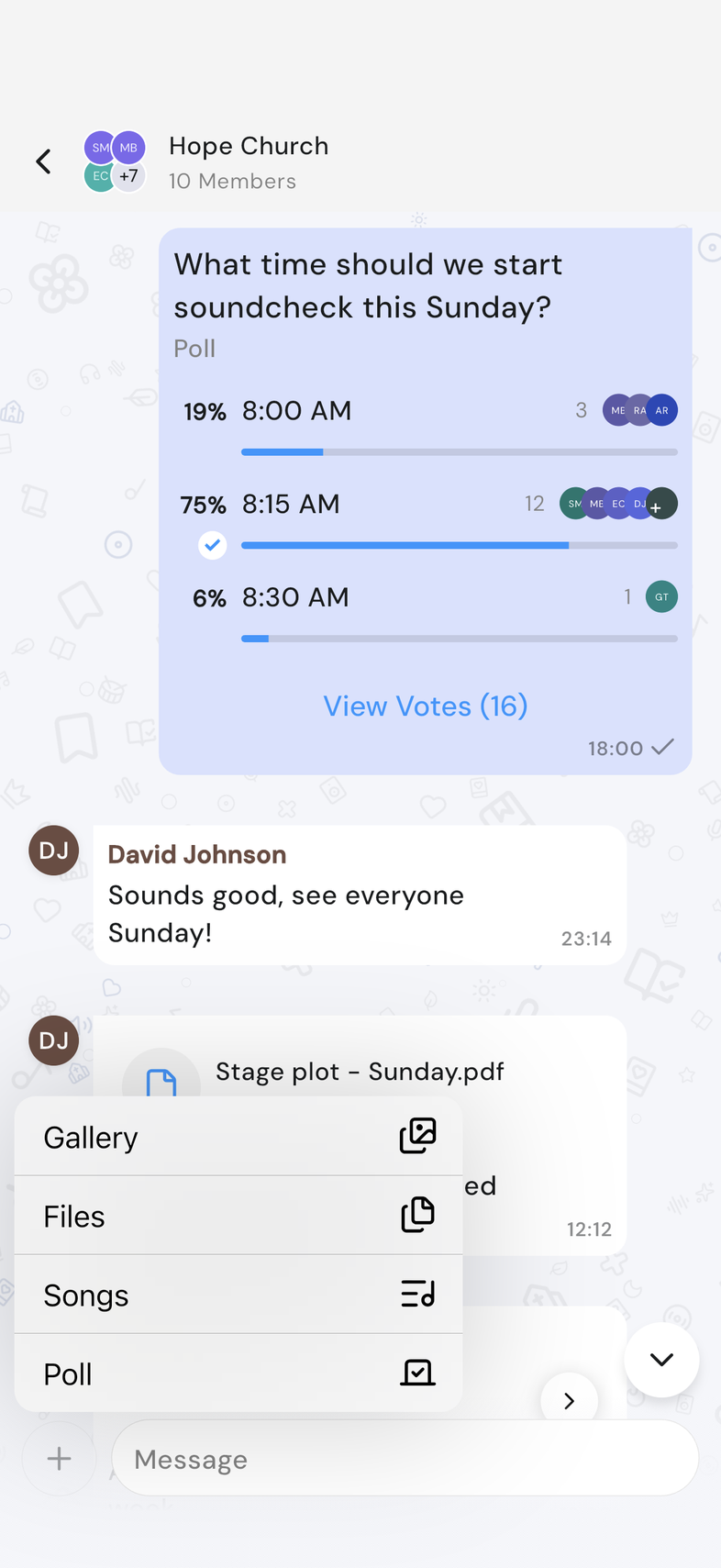 Chat composer on mobile with the + menu open showing Files among the options