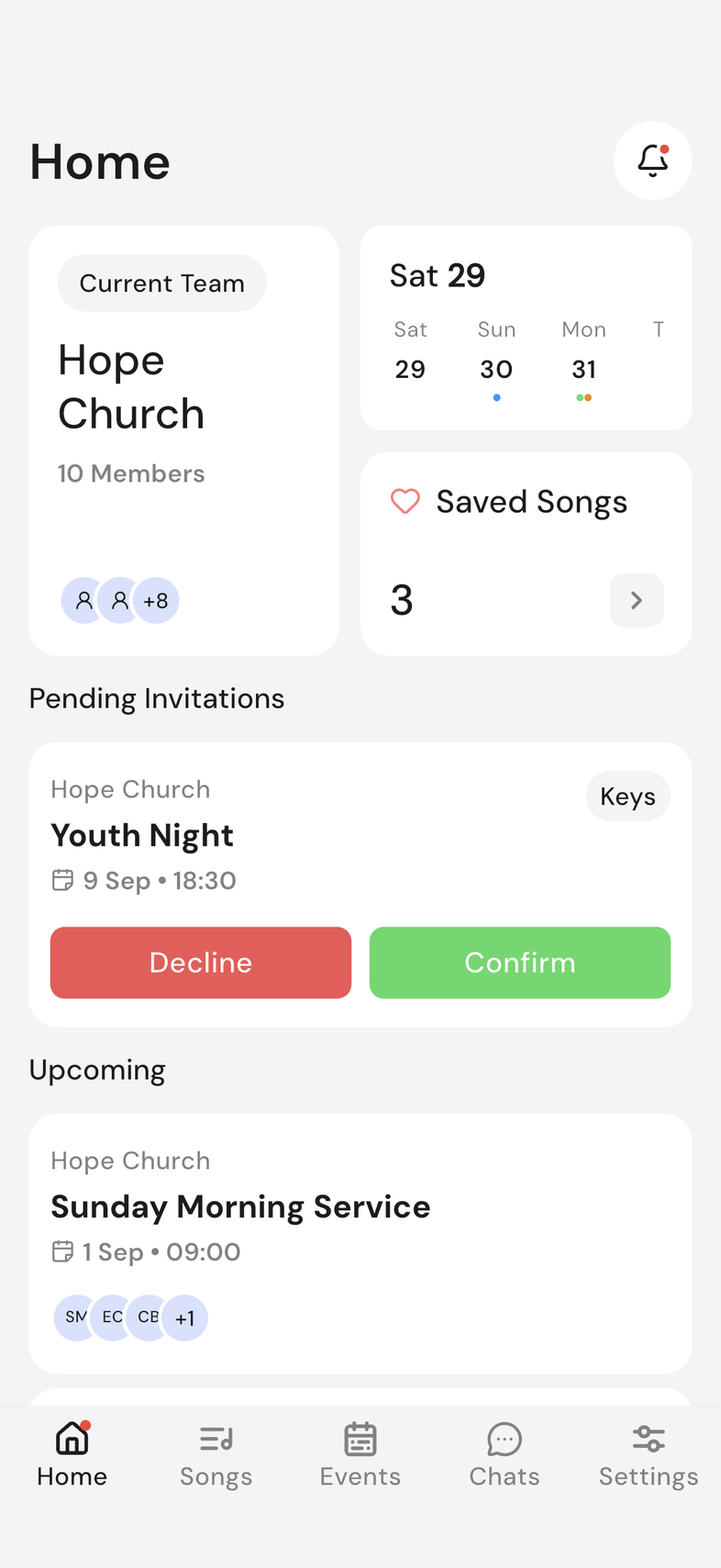 Home screen, Pending Invitations card with Decline and Confirm buttons