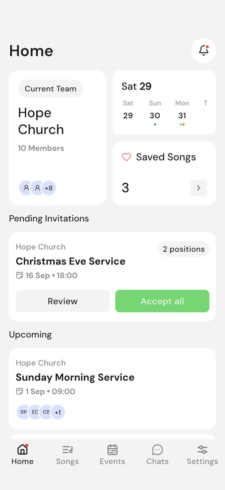Pending Invitations card listing two positions, with Review and Accept all
