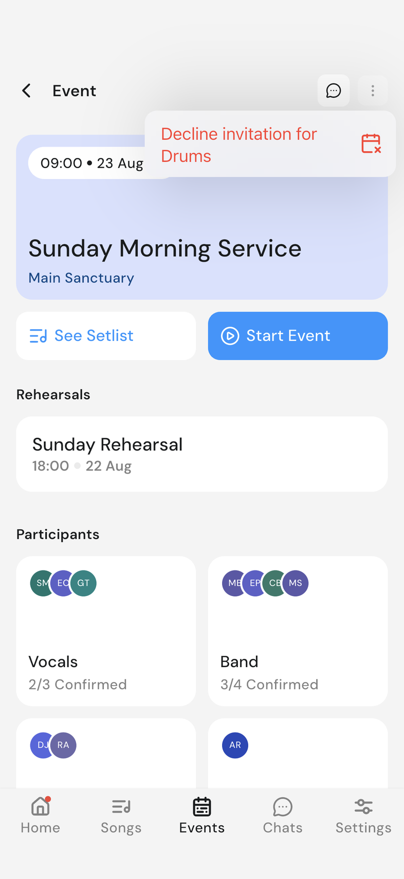 Event page with the top-right menu open, showing the decline option