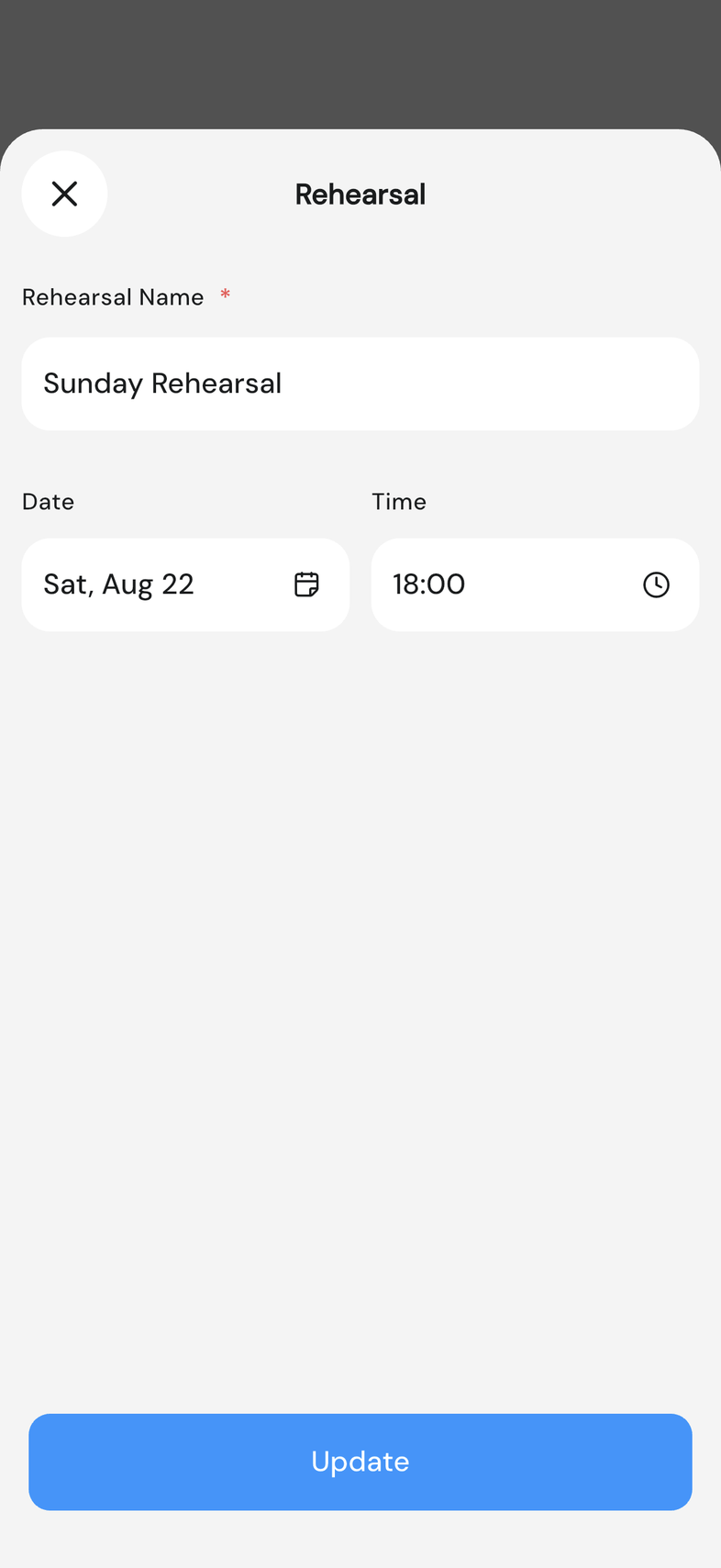 Rehearsal sheet with name, date and time filled in