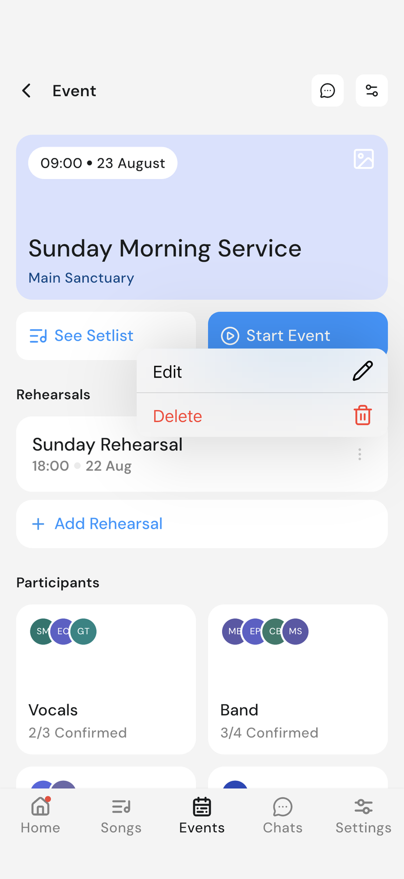 Event page, Rehearsals section showing the saved rehearsal with Edit and Delete