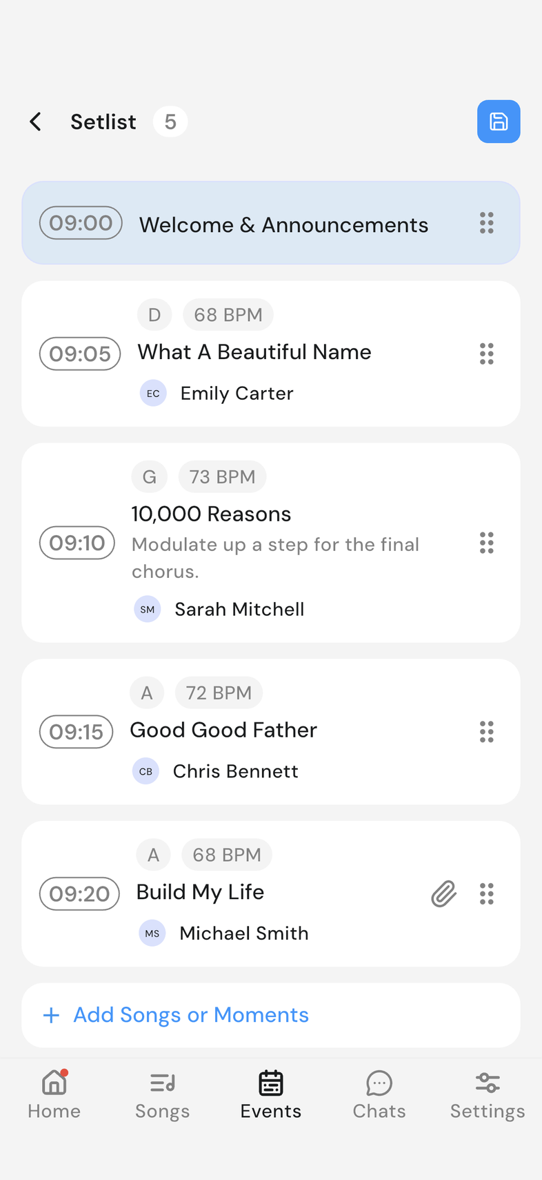 Setlist in edit mode with the Add Songs or Moments button at the bottom