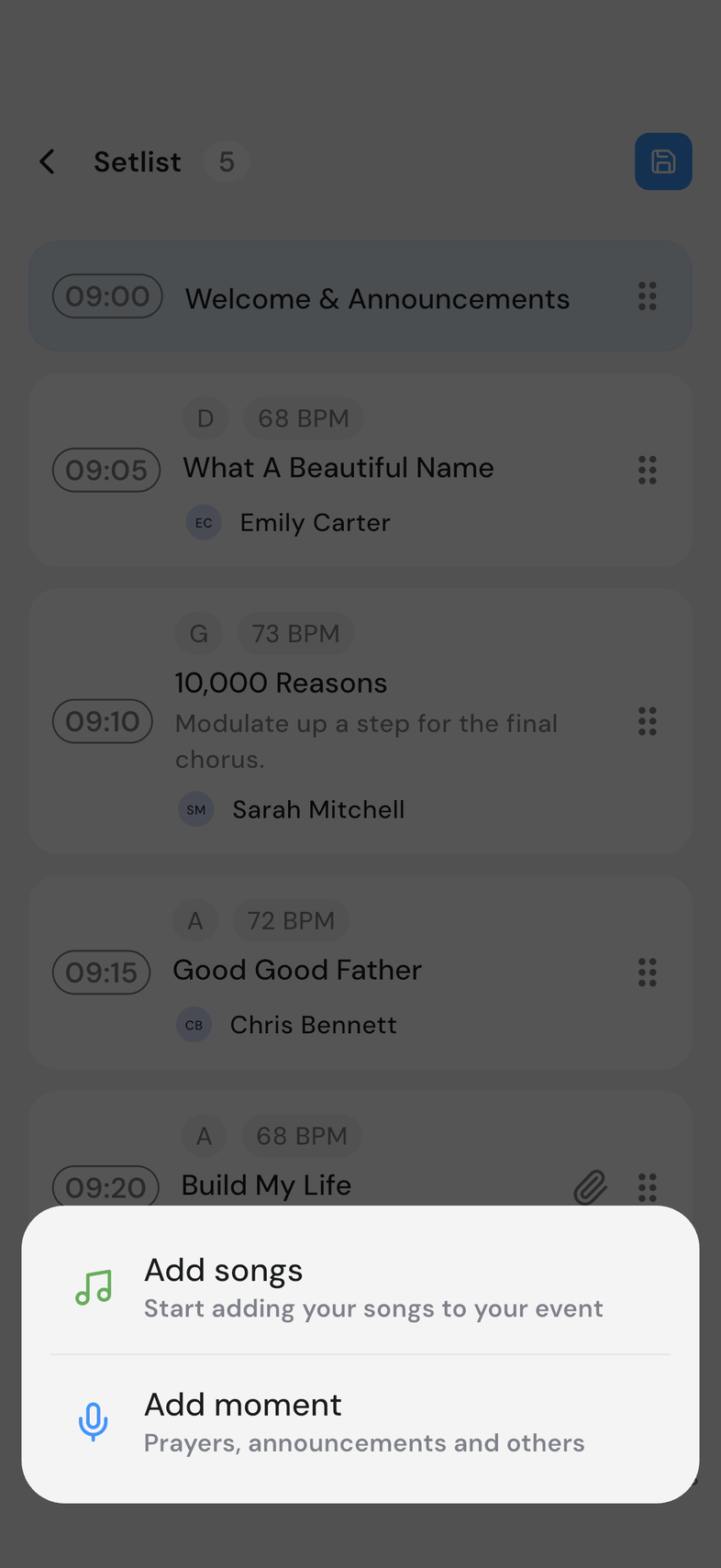 Add Songs or Moments sheet showing Add songs and Add moment