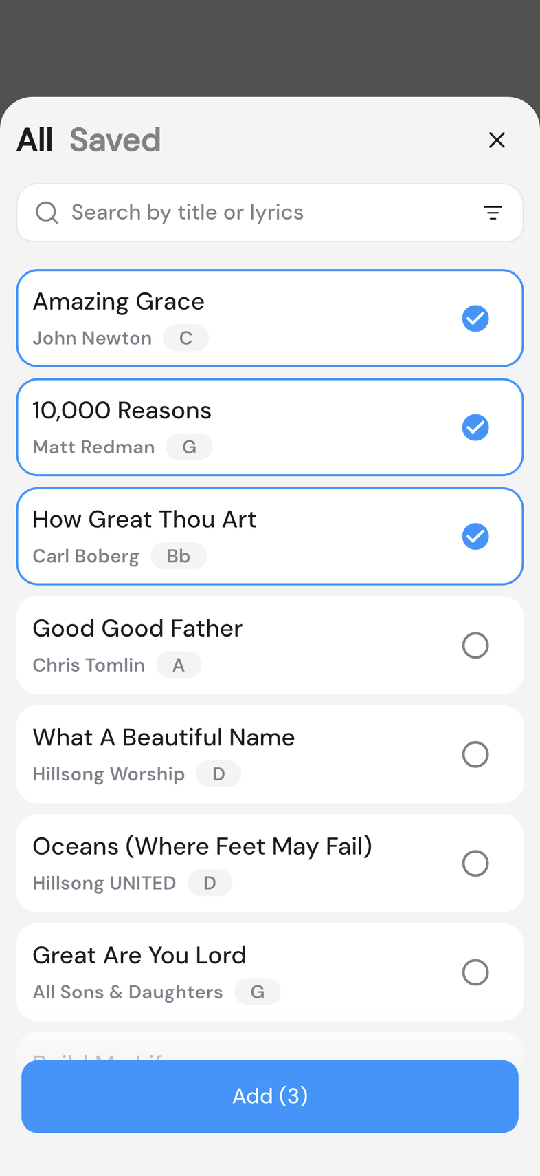 Add Songs sheet with three songs selected and Add (3) at the bottom