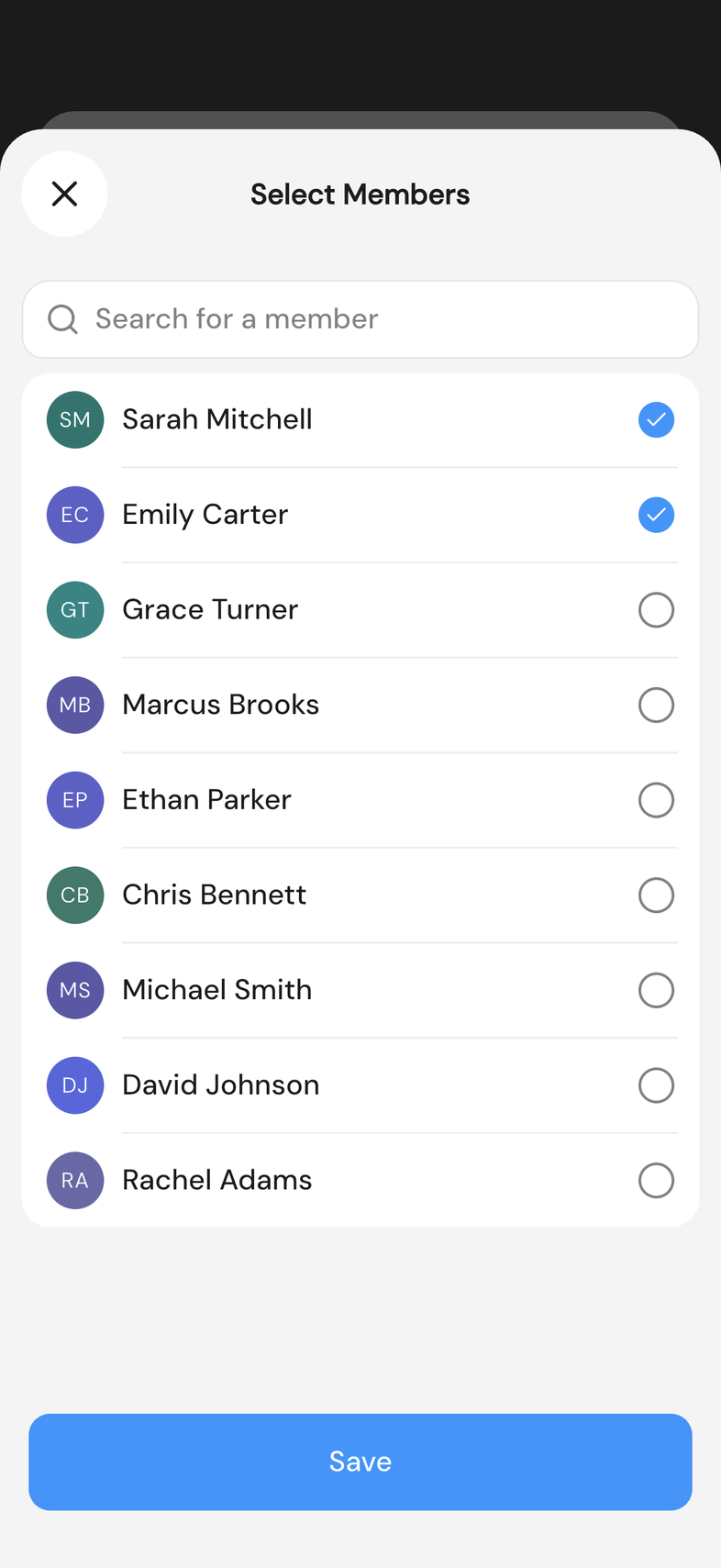 Select Members sheet with two people ticked and Save at the bottom
