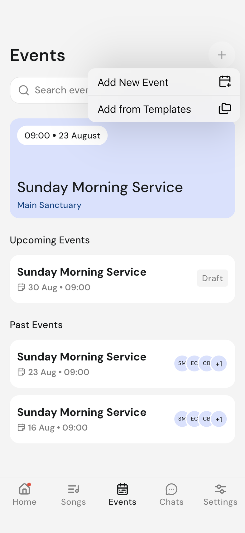 Events tab plus-icon menu open showing Add New Event and Add from Templates