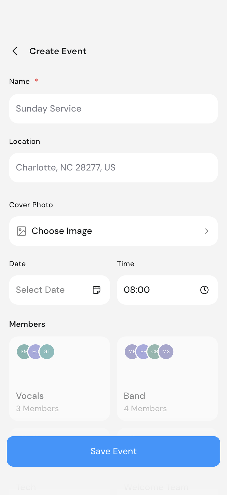 Create Event form on mobile, no date set, Members section greyed out