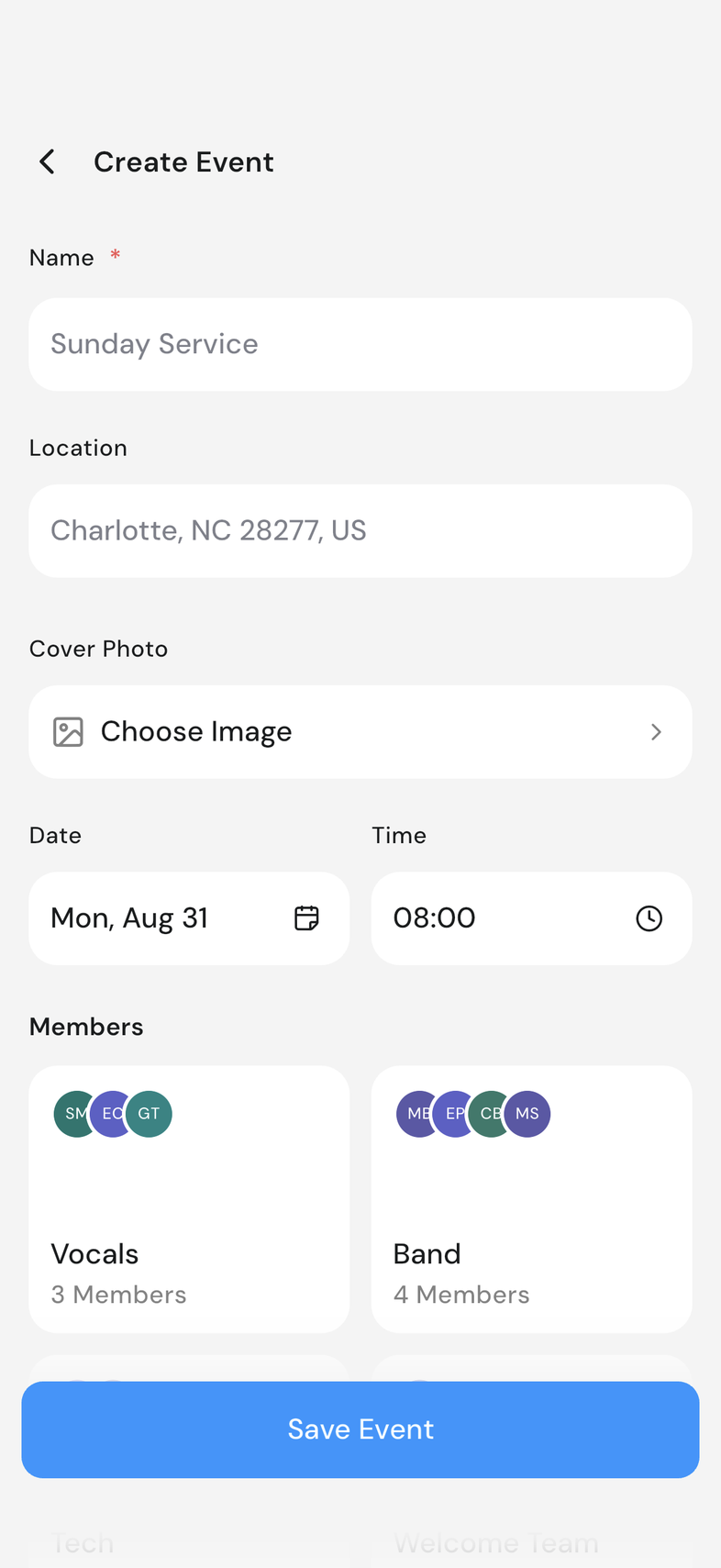 Create Event form with date and time filled in and the Members groups active