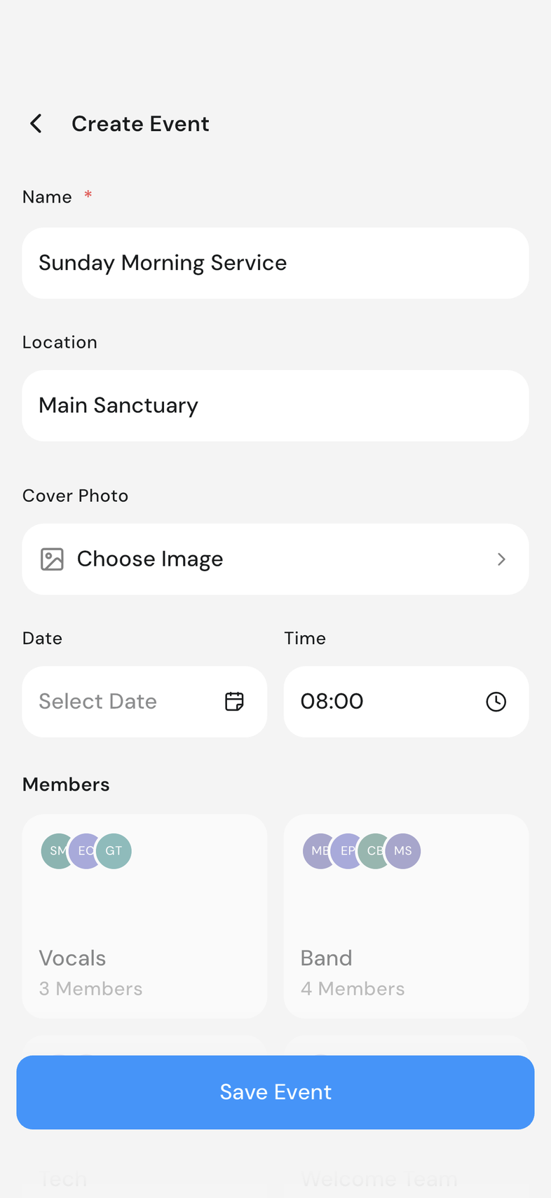 Event form opened from a template, setlist and members already filled in