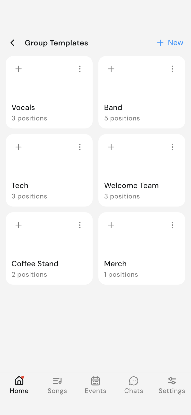 Group Templates screen with two group cards and the plus button