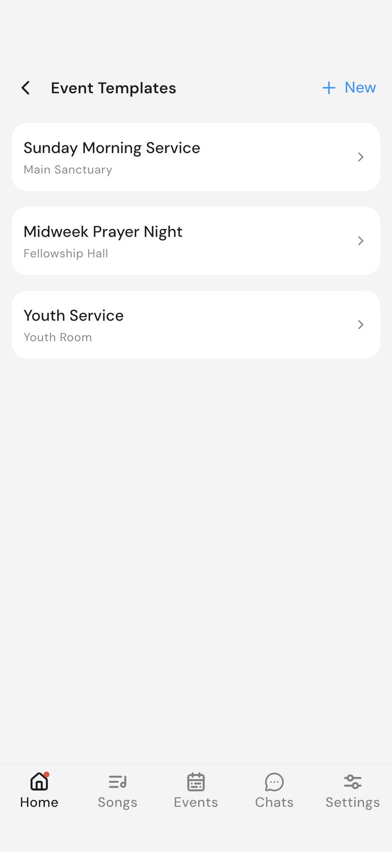 Event Templates list with the New button at the top right