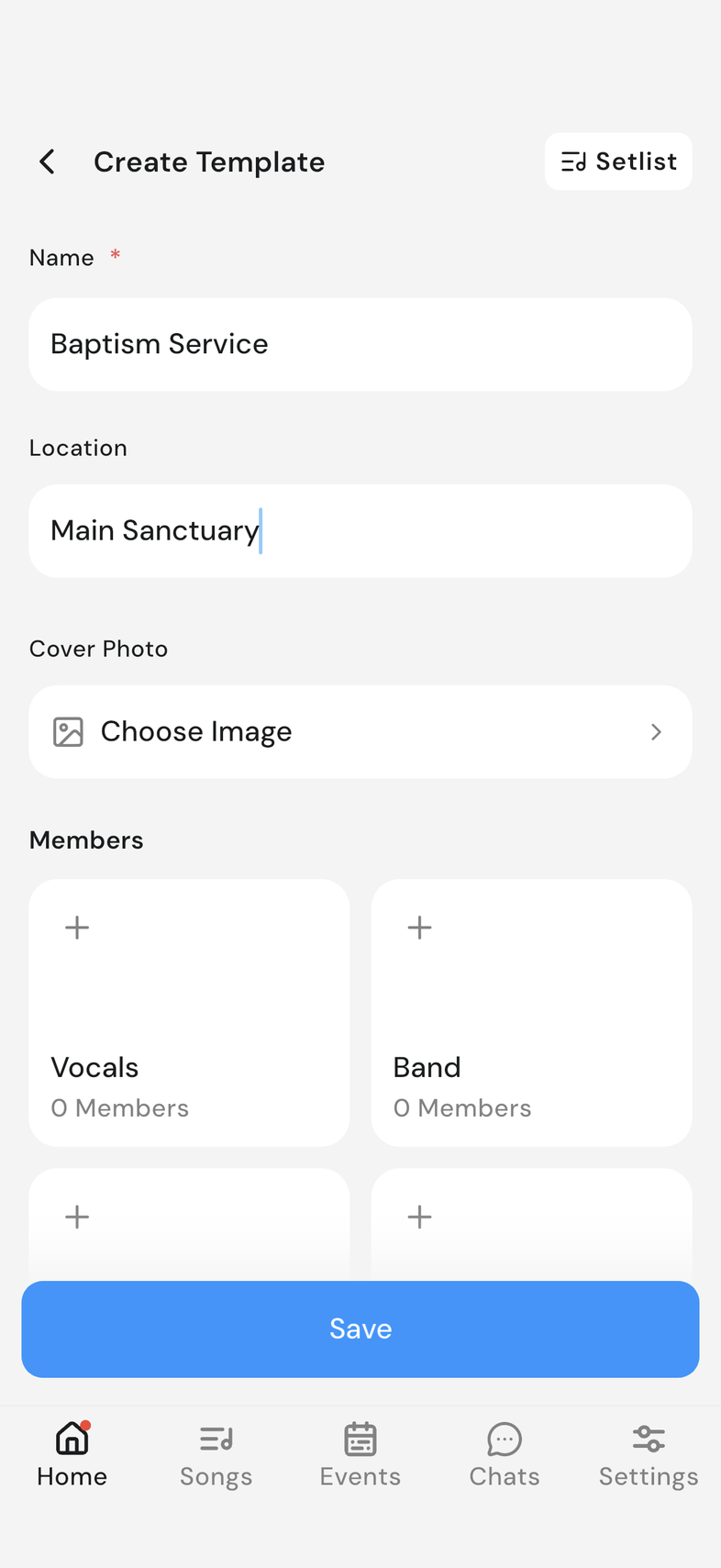 Create Template screen with Name and Location filled in